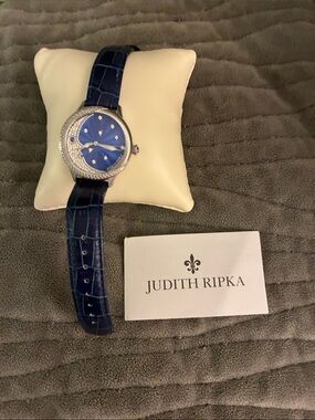 Judith Ripka Navy Blue Dial Watch with Croc-Pattern Blue Strap